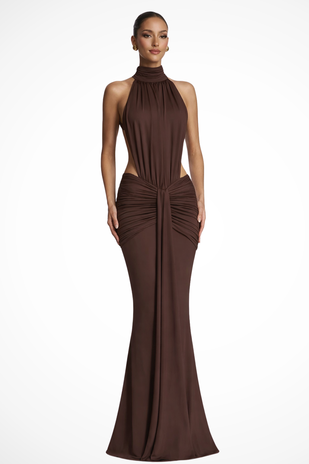 Women's halter neck backless ruched bodycon maxi dress, ideal for wedding guests & formal events.