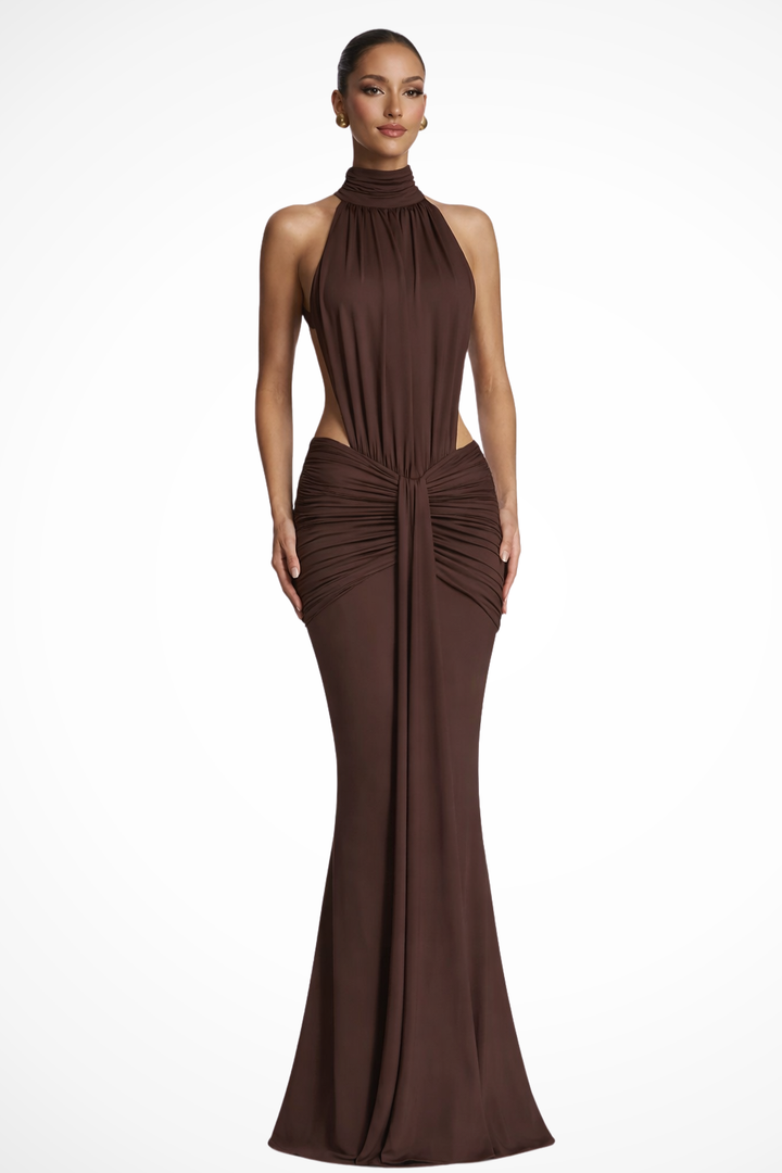 Women's halter neck backless ruched bodycon maxi dress, ideal for wedding guests & formal events.