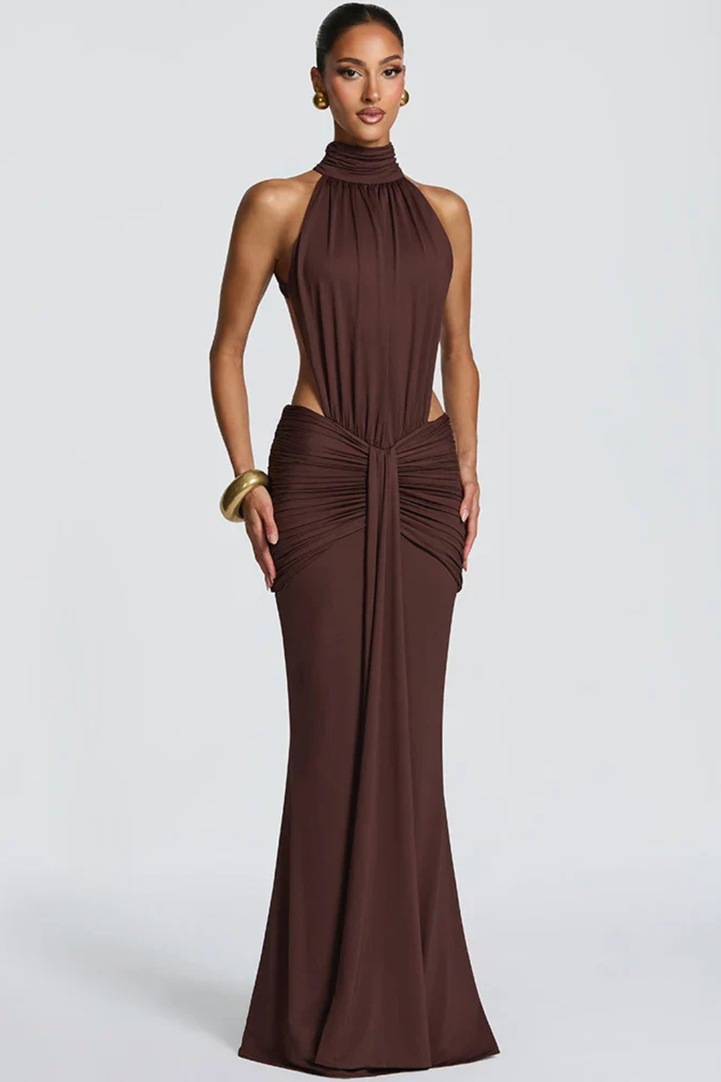 Elegant women's red halter neck backless ruched bodycon maxi dress for evening parties.