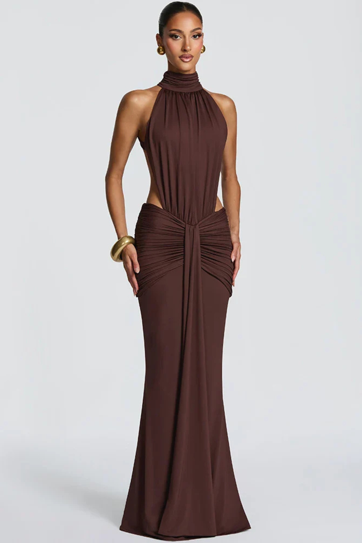Elegant women's red halter neck backless ruched bodycon maxi dress for evening parties.