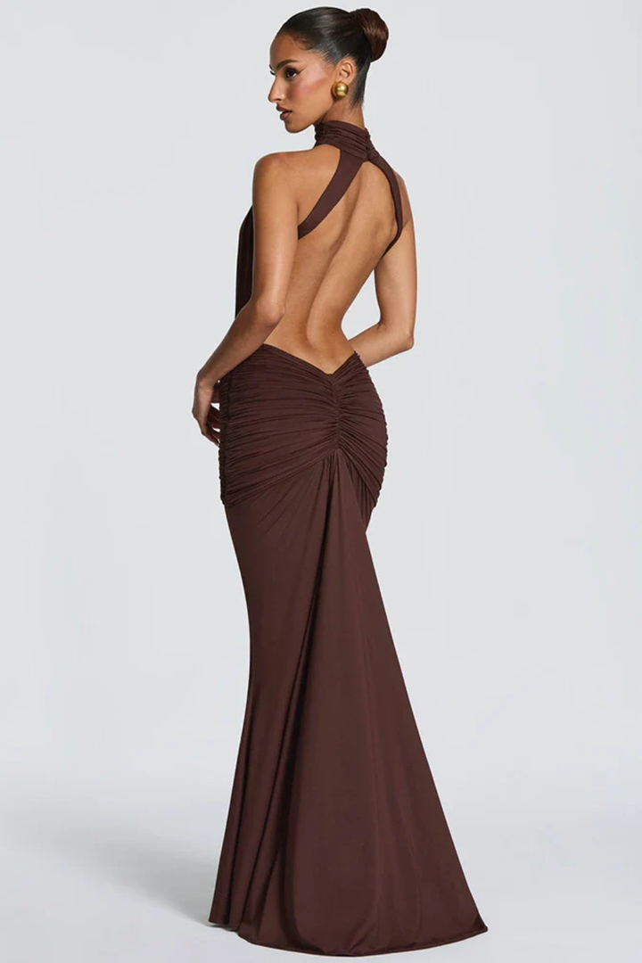 Stunning coffee halter neck backless ruched maxi dress for women, ideal as a formal guest dress.