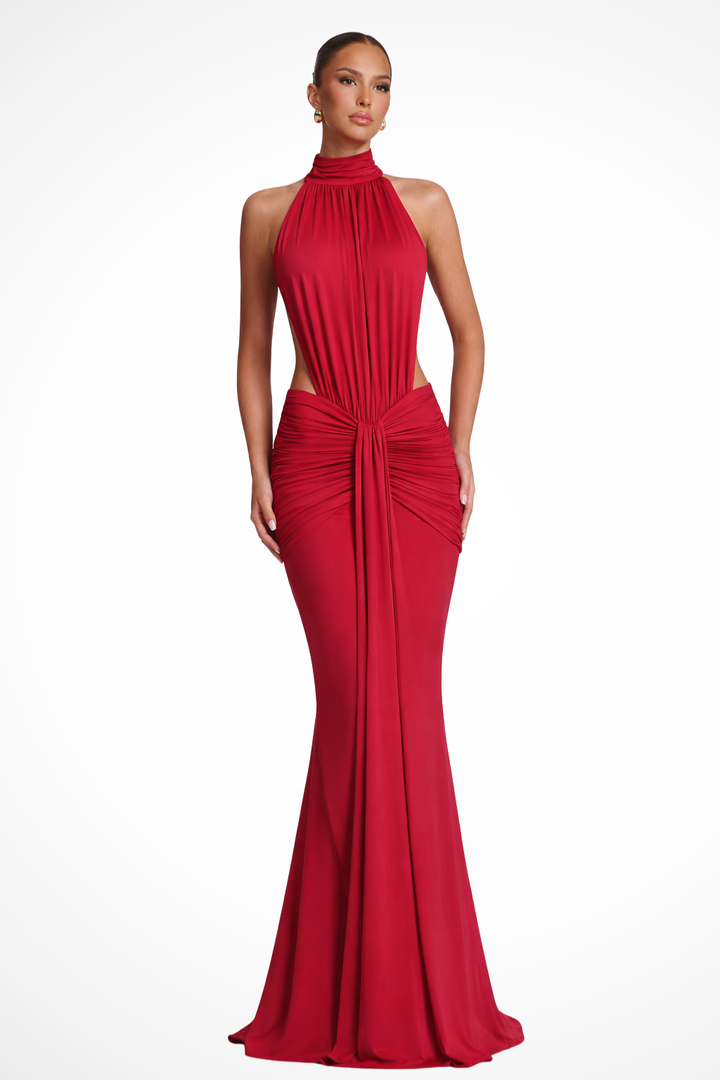 Red halter neck backless ruched bodycon maxi dress for women, elegant formal or wedding guest attire.