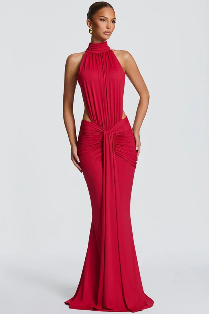 Women's coffee halter neck backless ruched bodycon maxi dress, a chic option for formal events & parties.