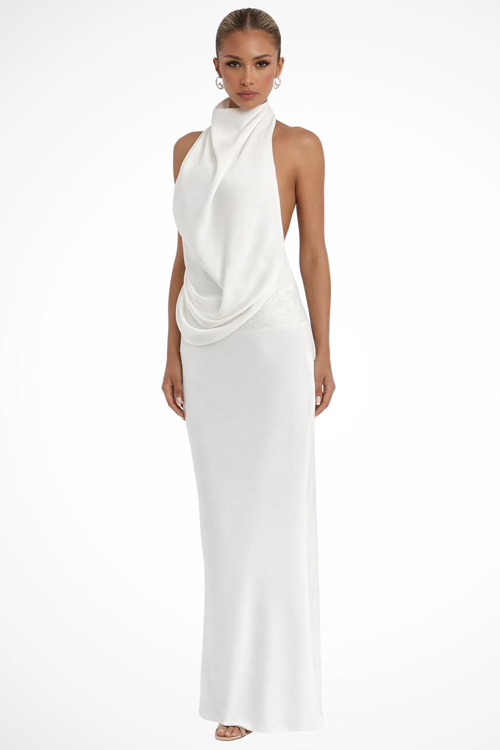 Women's halter neck draped maxi dress for wedding guests. Elegant, sleeveless, long formal gown.