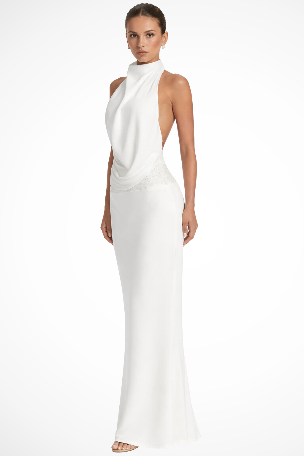 Beautiful wedding guest dress: women's draped halter neck maxi gown. Sophisticated evening wear.