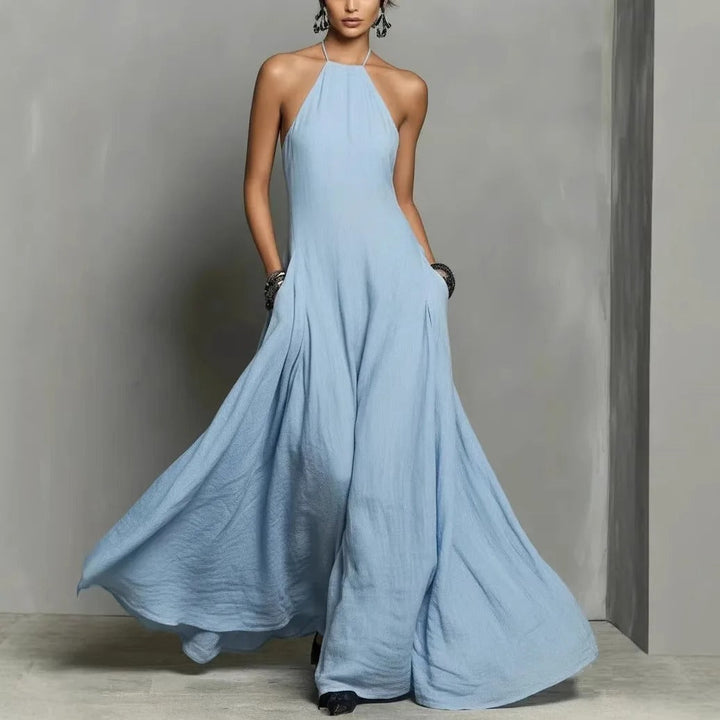 Women's halter neck sleeveless maxi dress, perfect for summer vacation & elegant beach outfits.