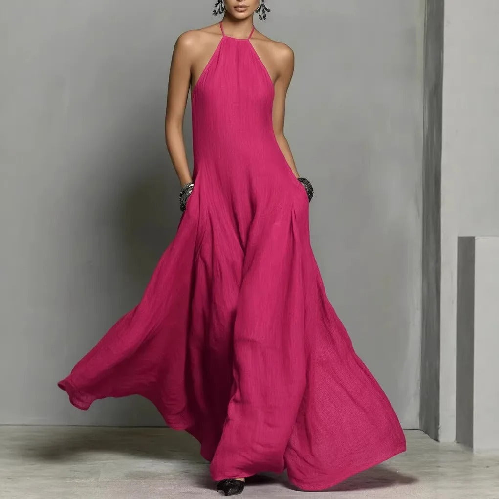 Flowy halter neck sleeveless maxi dress for women, ideal for casual chic summer fashion.