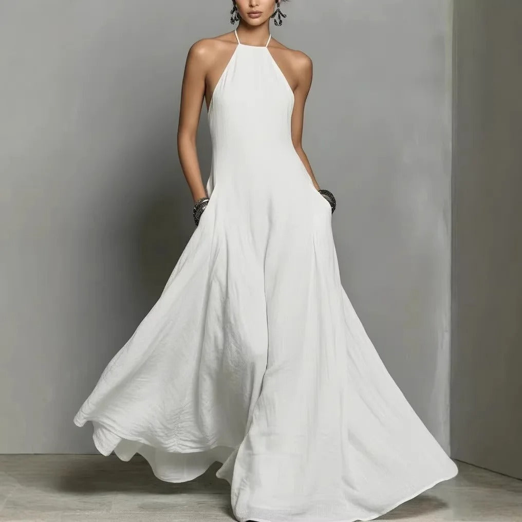 Stylish women's halter neck sleeveless maxi dress, essential for summer fashion & vacation outfits.