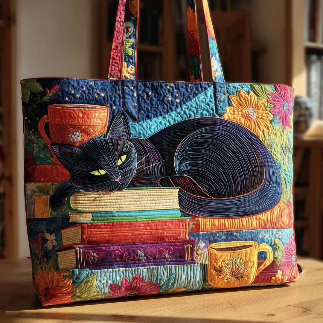 Women's handcrafted quilted tote bag with cute black cat, books & coffee cups design. Perfect for cat & book lovers.