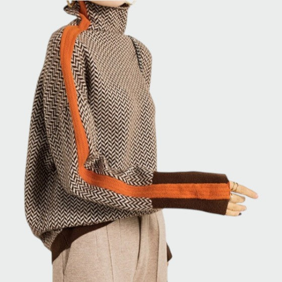 Luxe women's herringbone turtleneck sweater. Sophisticated winter wear, classic design, cozy comfort.