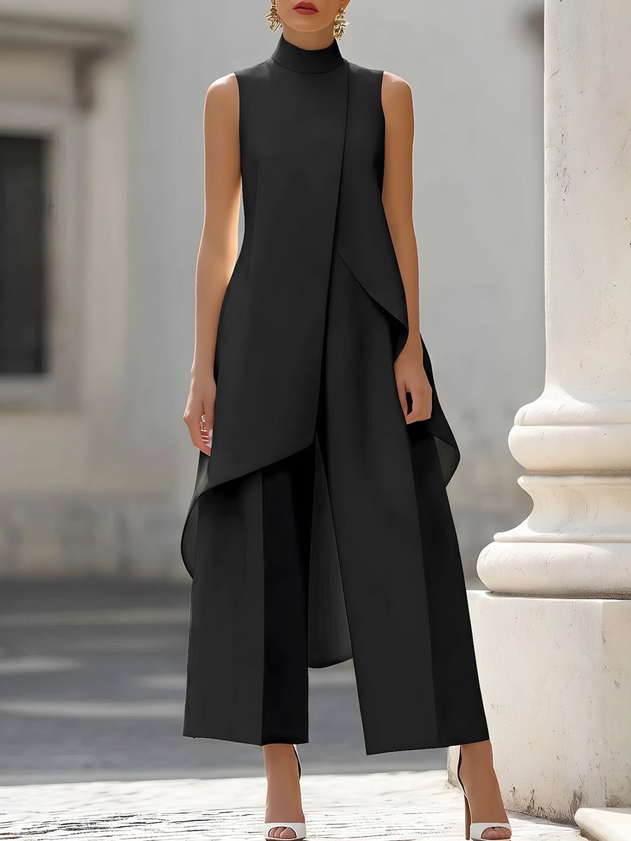 Sophisticated women's high neck wide-leg trouser set, an elegant and comfortable professional outfit.