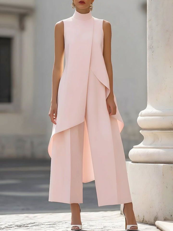 Complete women's high neck asymmetric sleeveless top & wide-leg pants set for formal business attire.