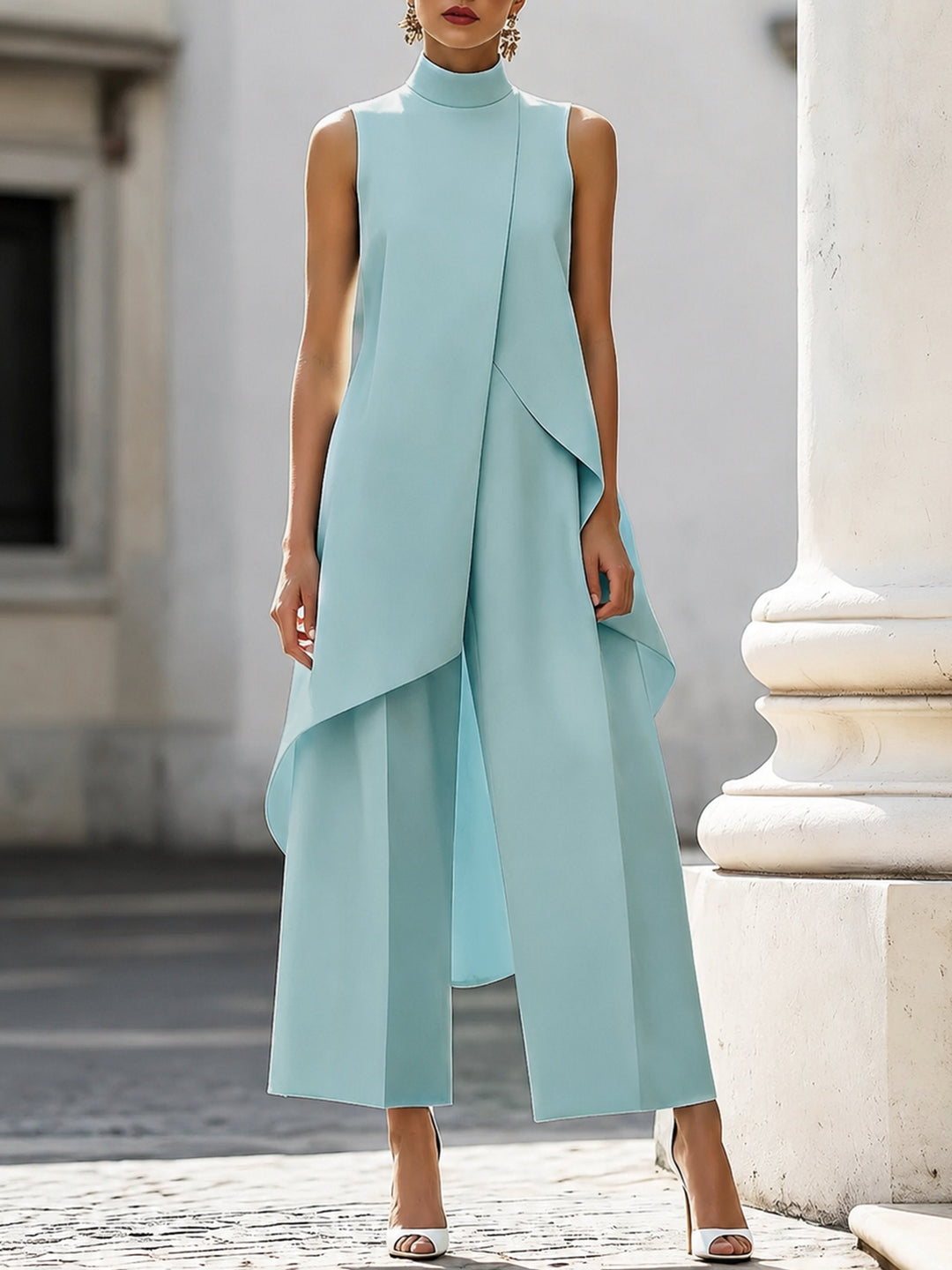 Stylish women's modern high neck asymmetric two-piece set with wide-leg trousers, ideal for work.