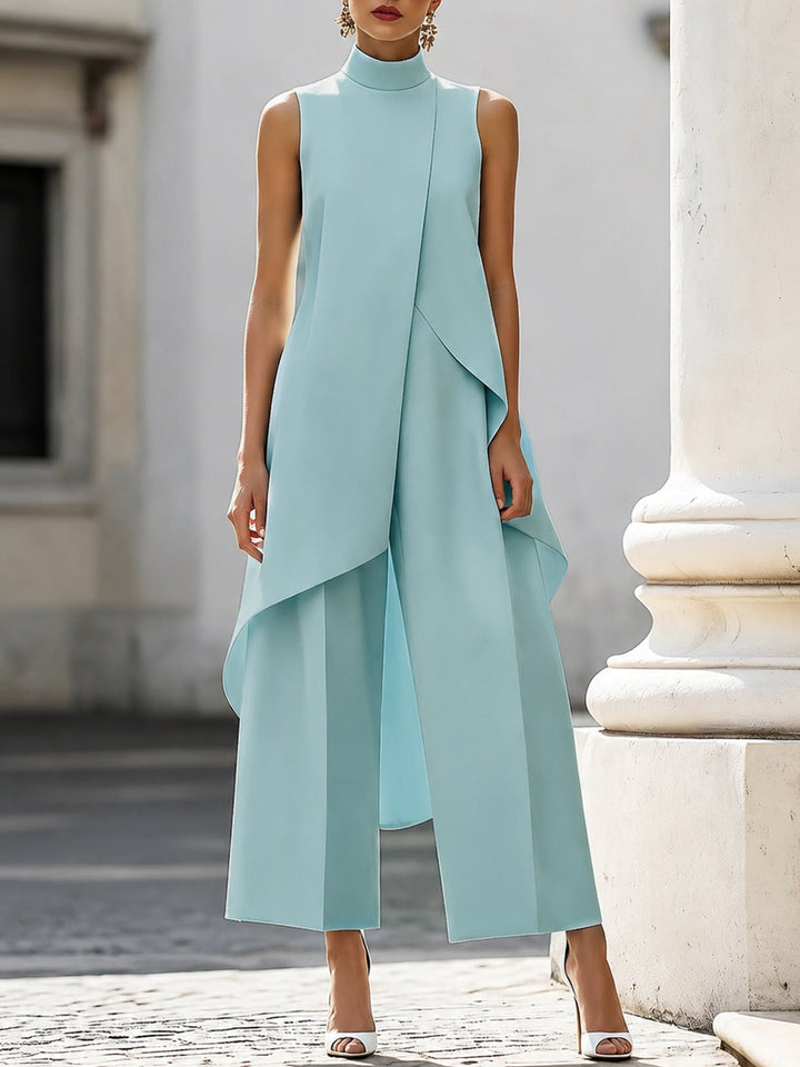 Stylish women's modern high neck asymmetric two-piece set with wide-leg trousers, ideal for work.