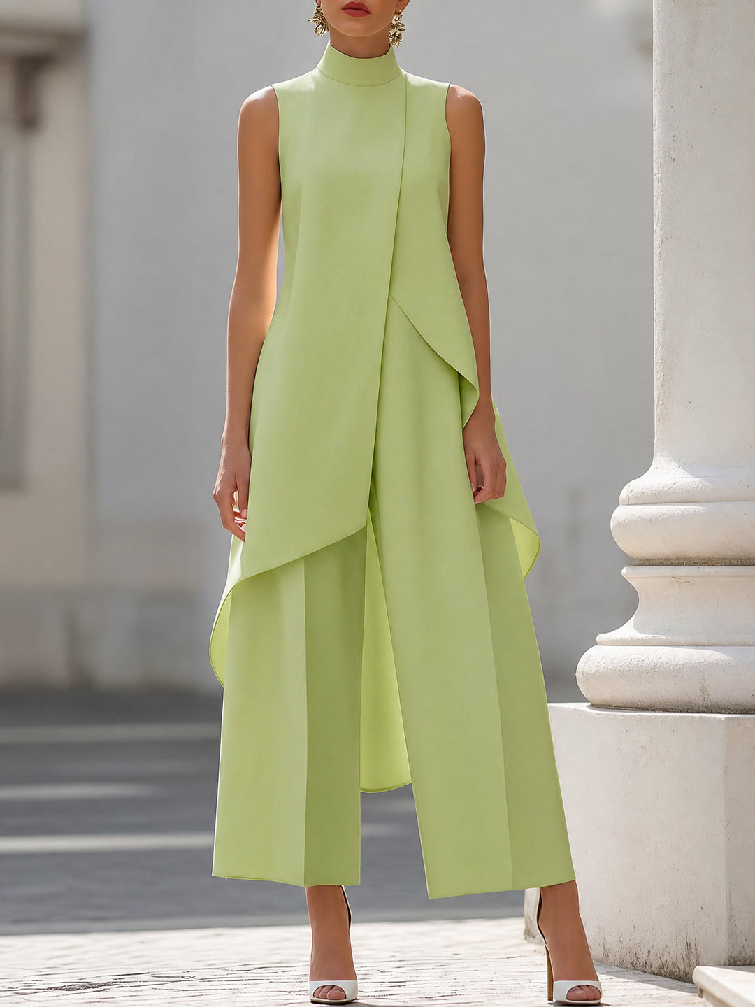 High neck sleeveless top and wide-leg trousers form this elegant women's asymmetric professional set.