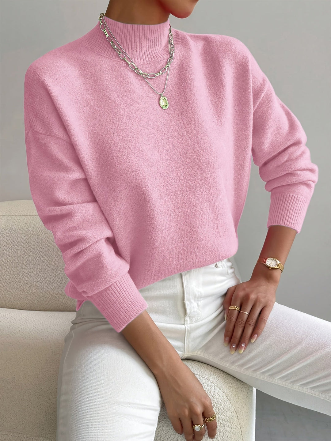 Ladies' autumn winter high neck knitted top. Soft, cozy, and perfect for layering.