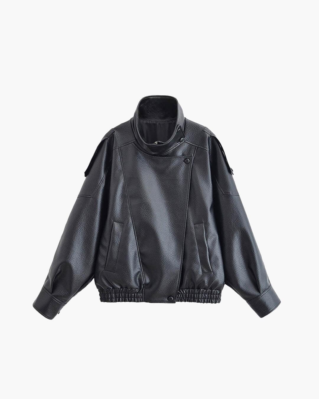 Women's high neck leather jacket, structured moto style, perfect for polished everyday fashion.