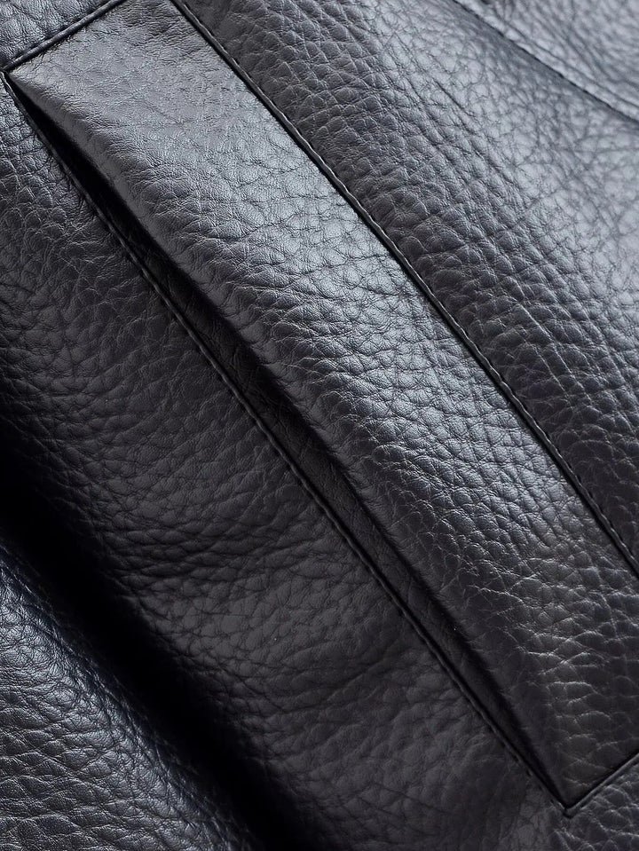 Back view of a women's high neck leather jacket, structured and chic, perfect for versatile everyday fashion.