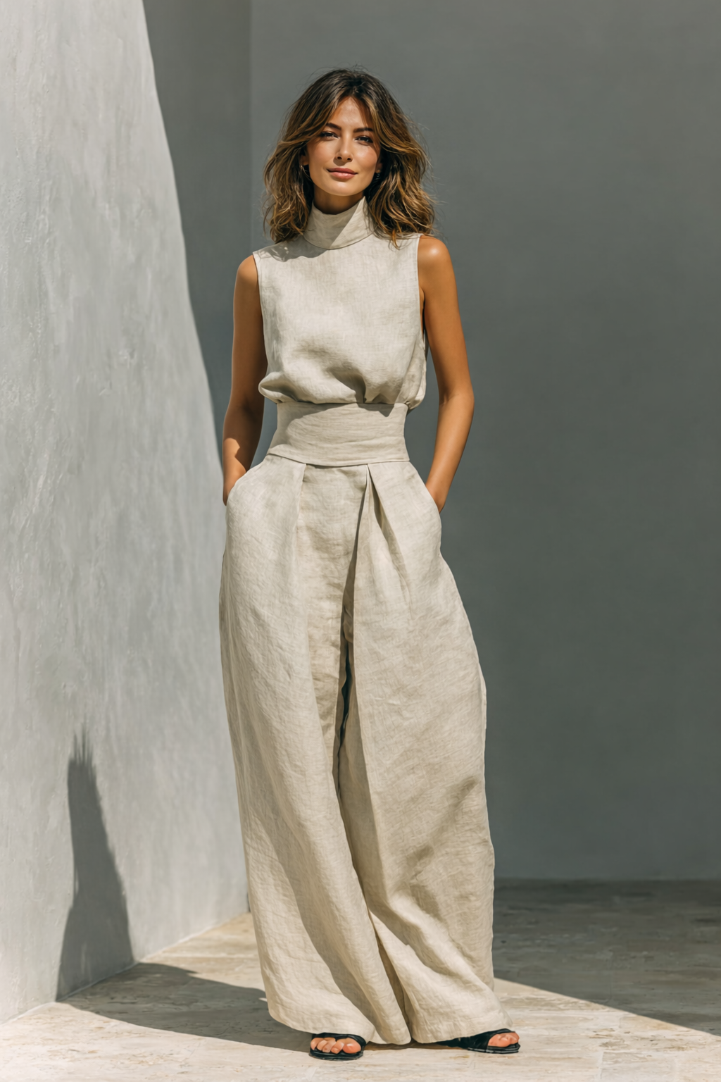 Women's high neck linen two-piece set with relaxed fit, wide leg pants, perfect for summer casual chic.