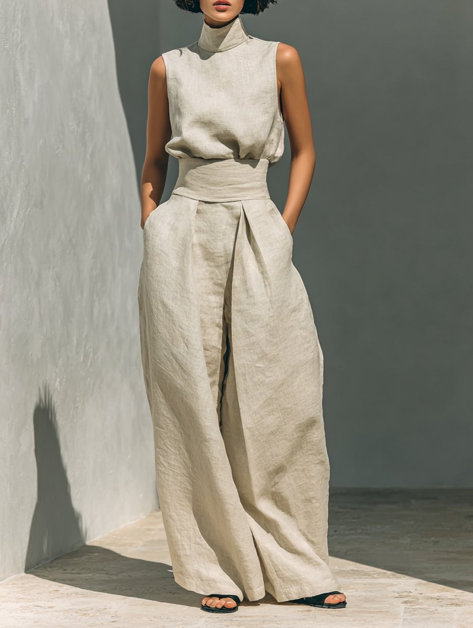 Women's high-neck sleeveless top & wide-leg trousers two-piece set. Chic casual elegant summer matching outfit.