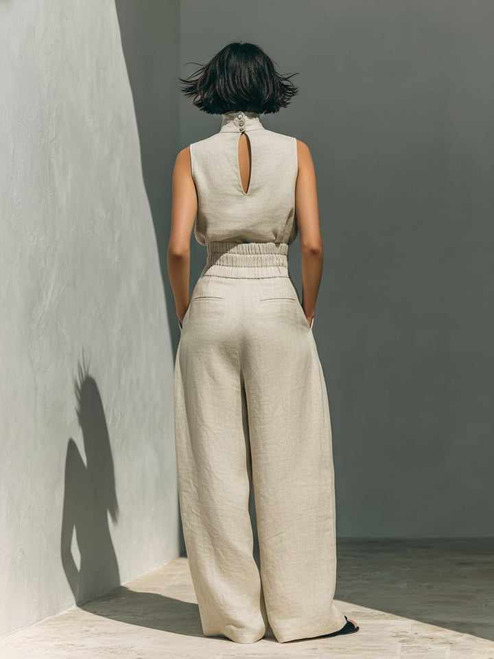 Versatile women's high-neck sleeveless two-piece set with wide-leg pants. Minimalist chic summer fashion.