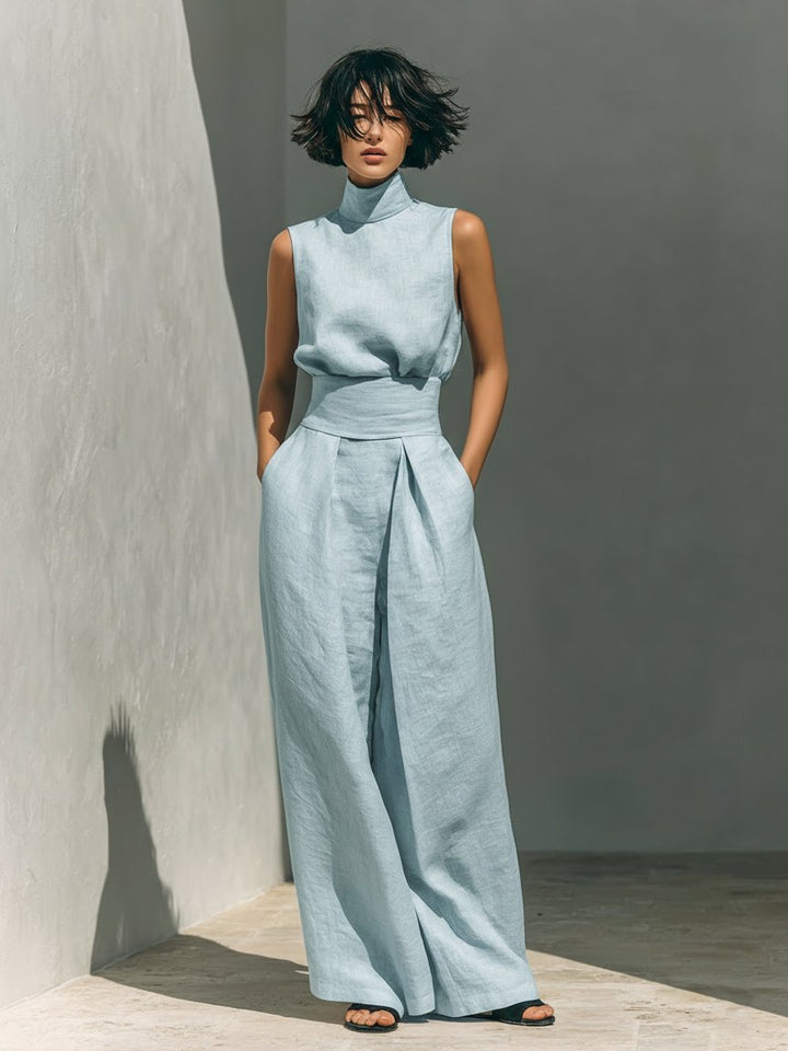 Summer ready women's high-neck sleeveless top and wide-leg pants two-piece set. Comfortable casual fashion.