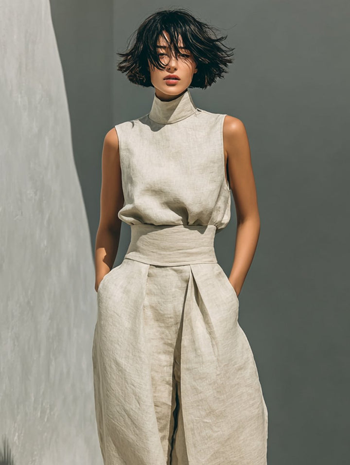 Fashionable women's high-neck sleeveless two-piece set with wide-leg trousers. Elegant and versatile apparel.
