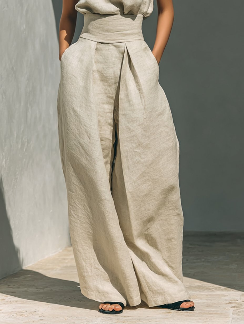 Chic women's high-neck sleeveless blouse & wide-leg pants two-piece set. A modern minimalist summer outfit.
