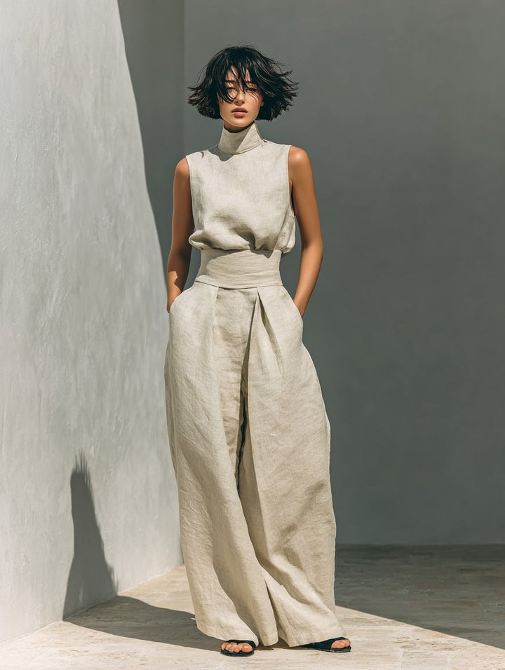 Complete women's two-piece set: high-neck sleeveless top and wide-leg trousers. Casual elegant summer wear.