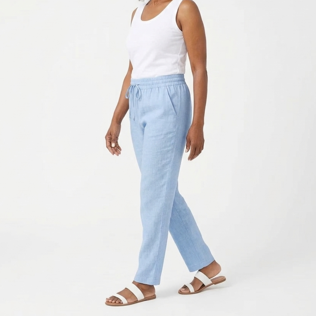 Women's high-rise cropped trousers with elastic waist, wide leg, & relaxed fit for all-day comfort & casual style.