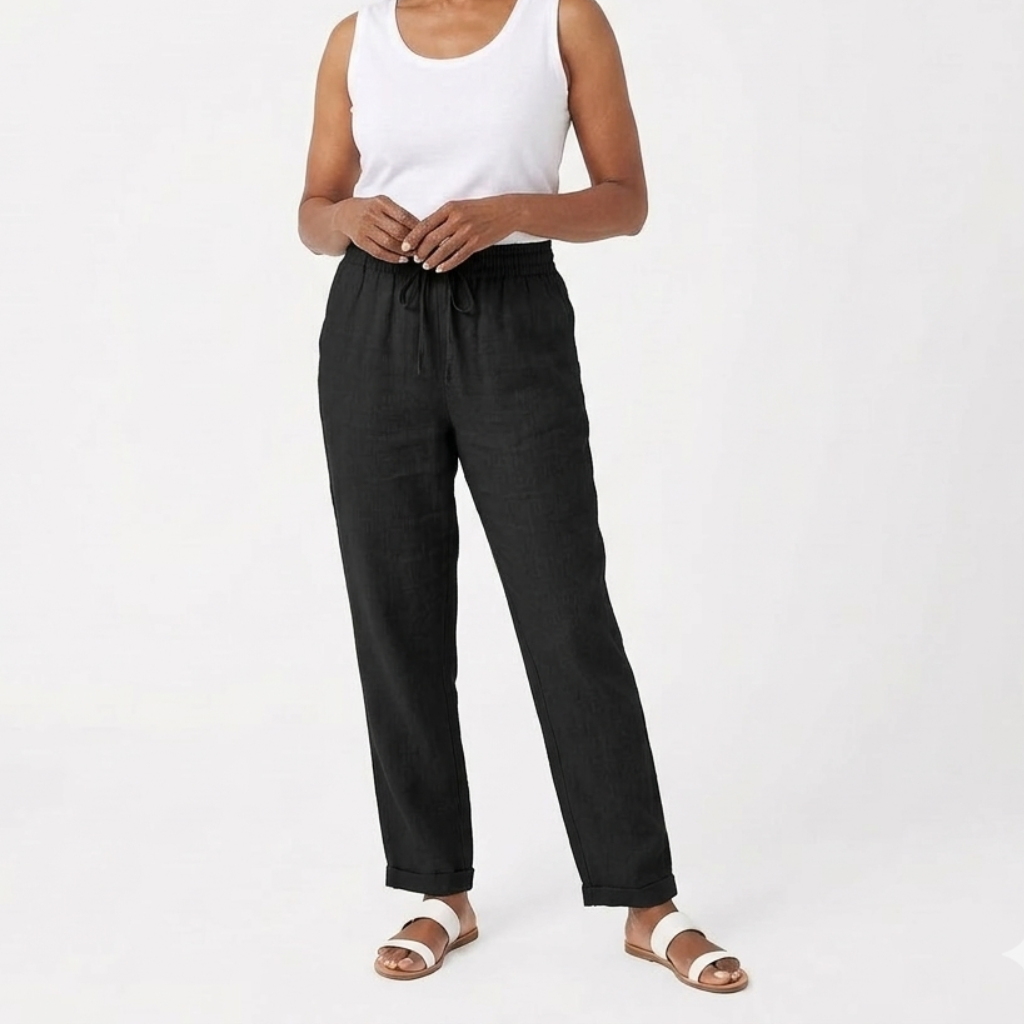 Women's comfortable cropped elastic waist trousers. Relaxed wide leg fit for easy movement & summer fashion.