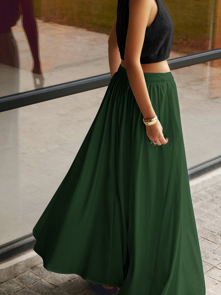 Stylish black high-waist A-line long skirt, a versatile piece for modest fashion and elegant summer outfits.