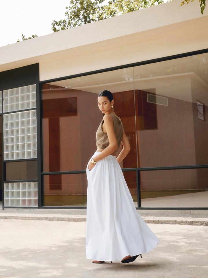 Black high-waist A-line maxi skirt, offering an elegant & modest long skirt option for various occasions.