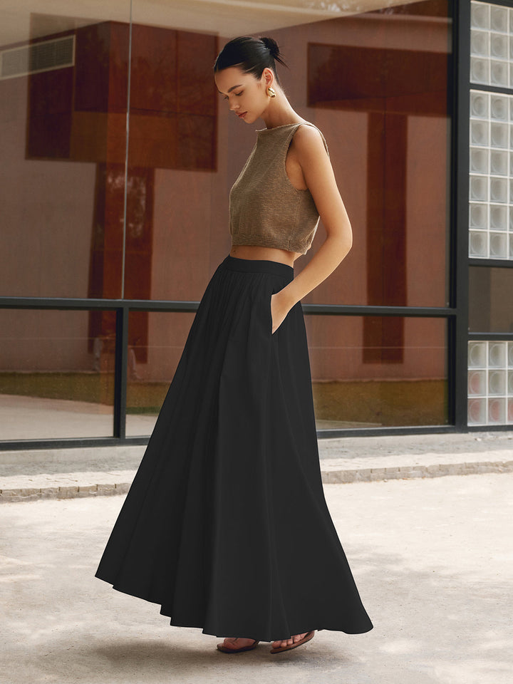 Versatile women's high-waist A-line maxi skirt, great for casual wear, elegant looks, or vacation outfits.