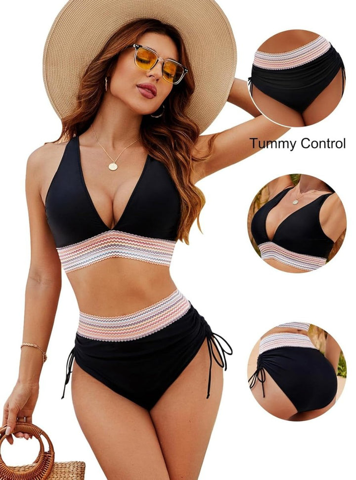 Flattering two-piece high-waist bikini for women, ideal for a stylish and confident summer look.