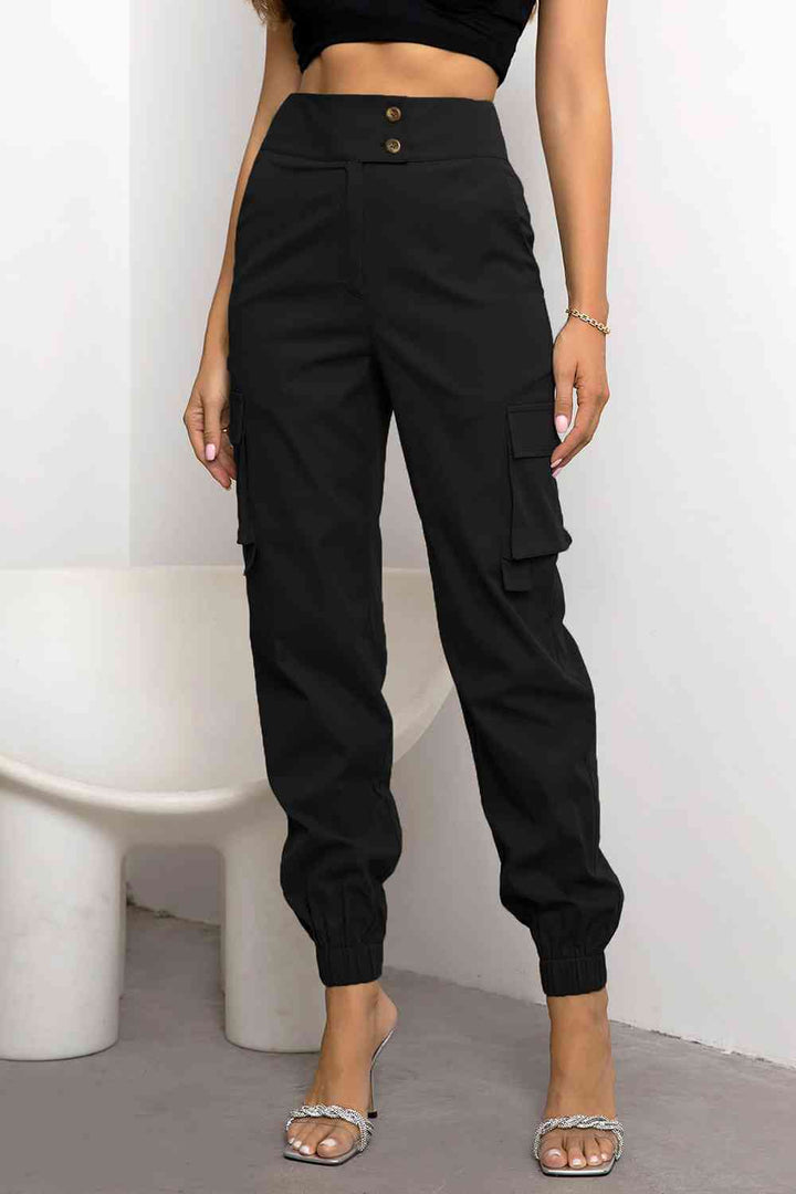 Women's high-waist black cargo trousers, tapered fit, perfect for urban casual wear & everyday comfort.
