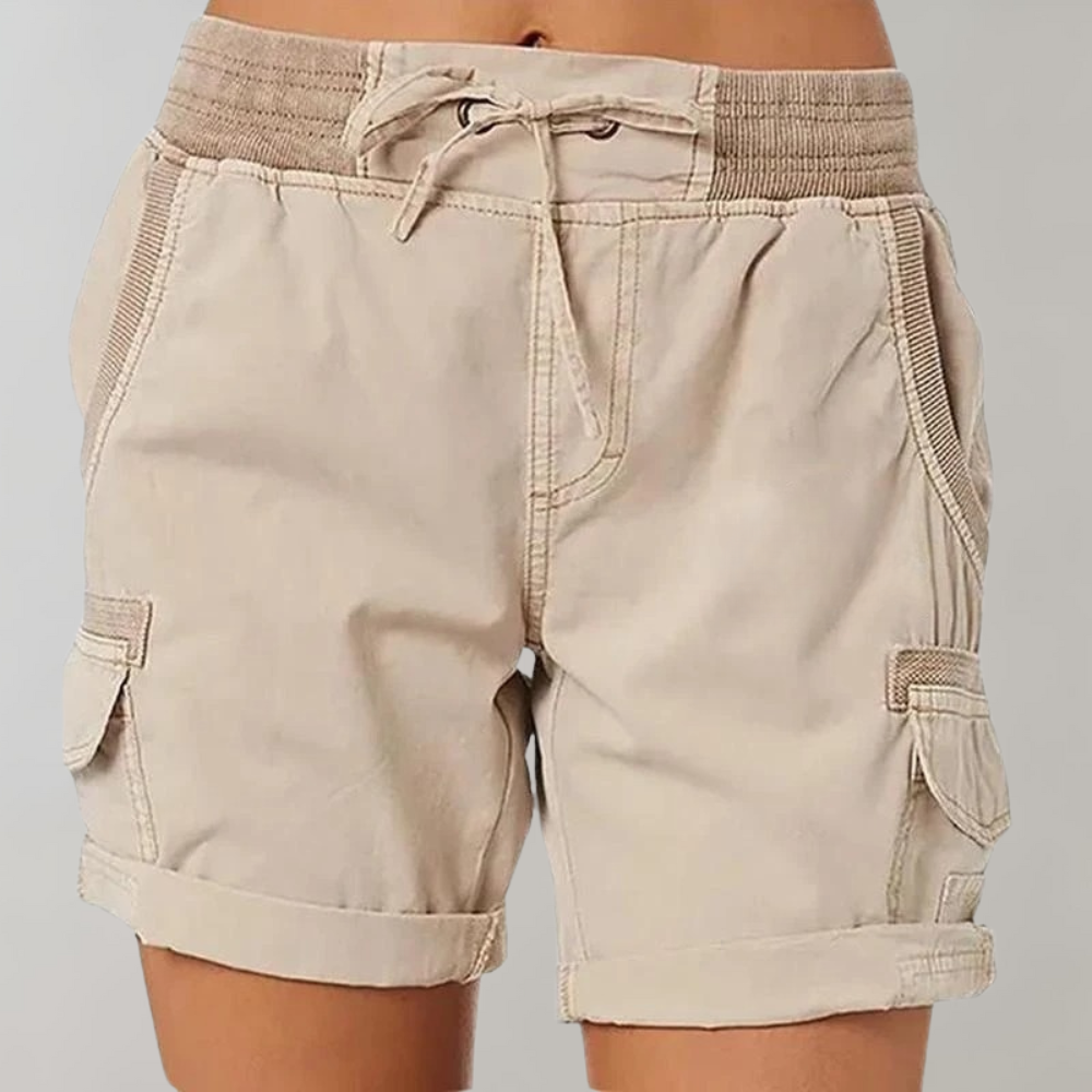 Women's high-waist cargo shorts with ribbed waistband, perfect for casual summer style & comfort.