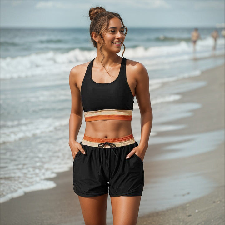 Women's high waist colorblock bikini set for active beach days. Sporty swim top & boyshort bottom.