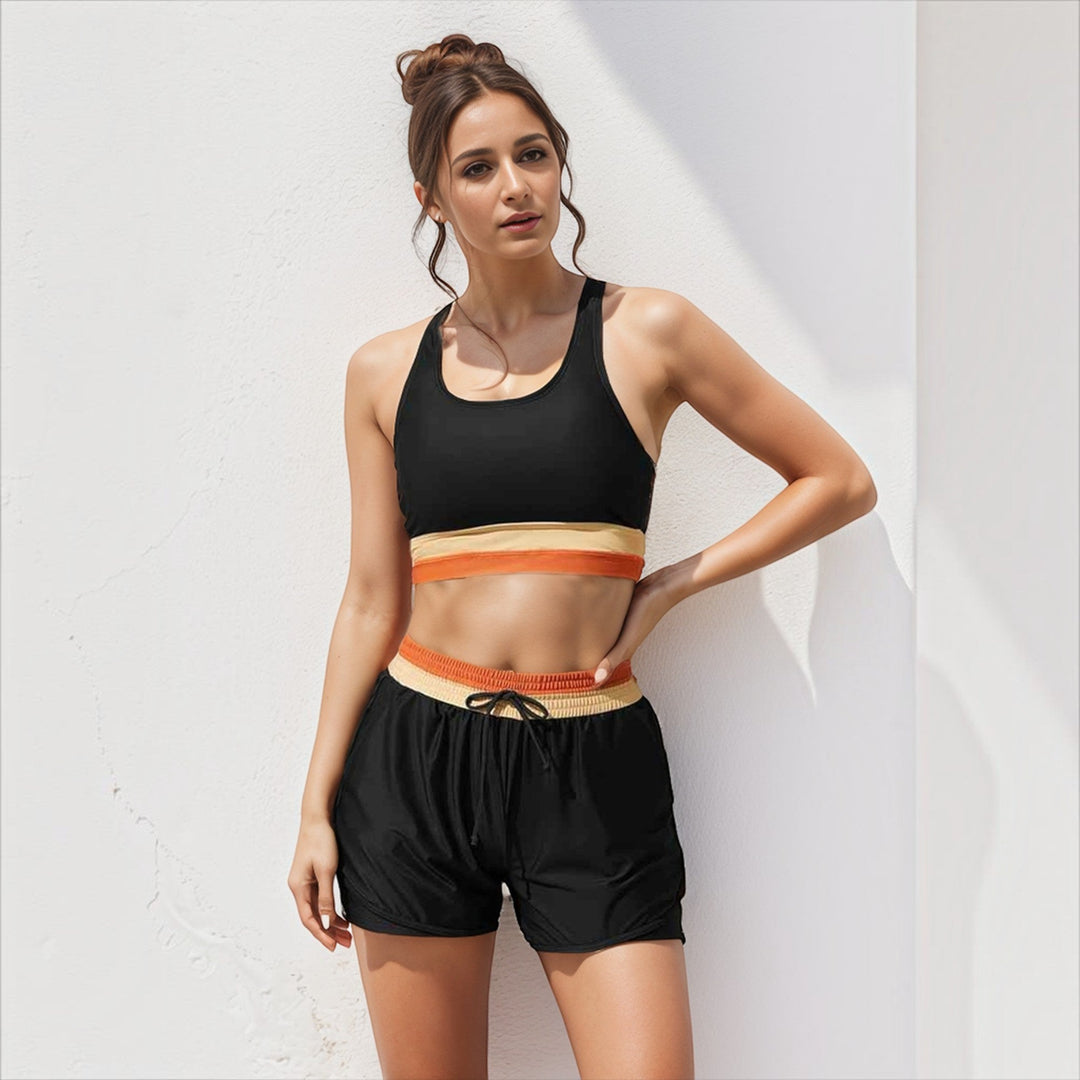 Athletic women's colorblock high waist bikini swimsuit for active summer pool & beach days. Secure & stylish fit.