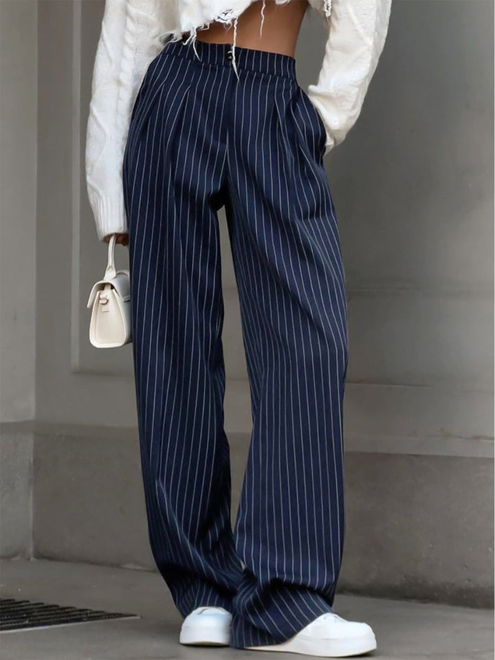 Women's high waist pinstripe wide leg trousers, perfect for modern office wear or casual chic style.