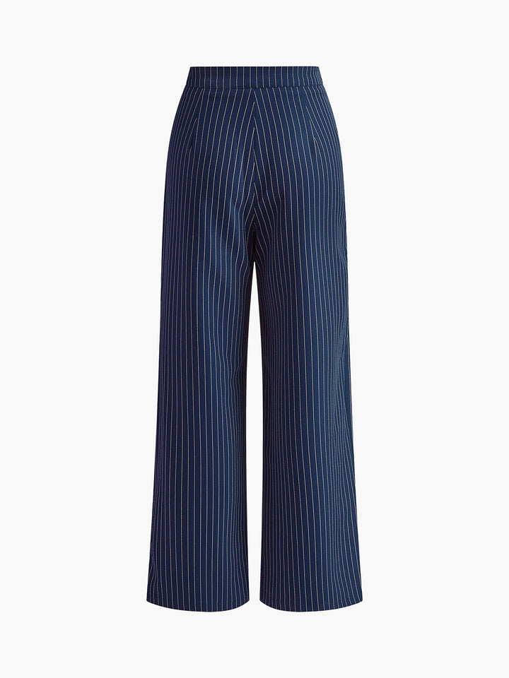 Elegant women's high waist pinstripe wide leg trousers, professional office wear for a modern look.