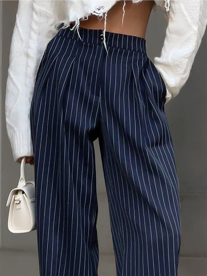 Classic pinstripe wide leg women's pants featuring a comfortable high waist, perfect for versatile fashion.