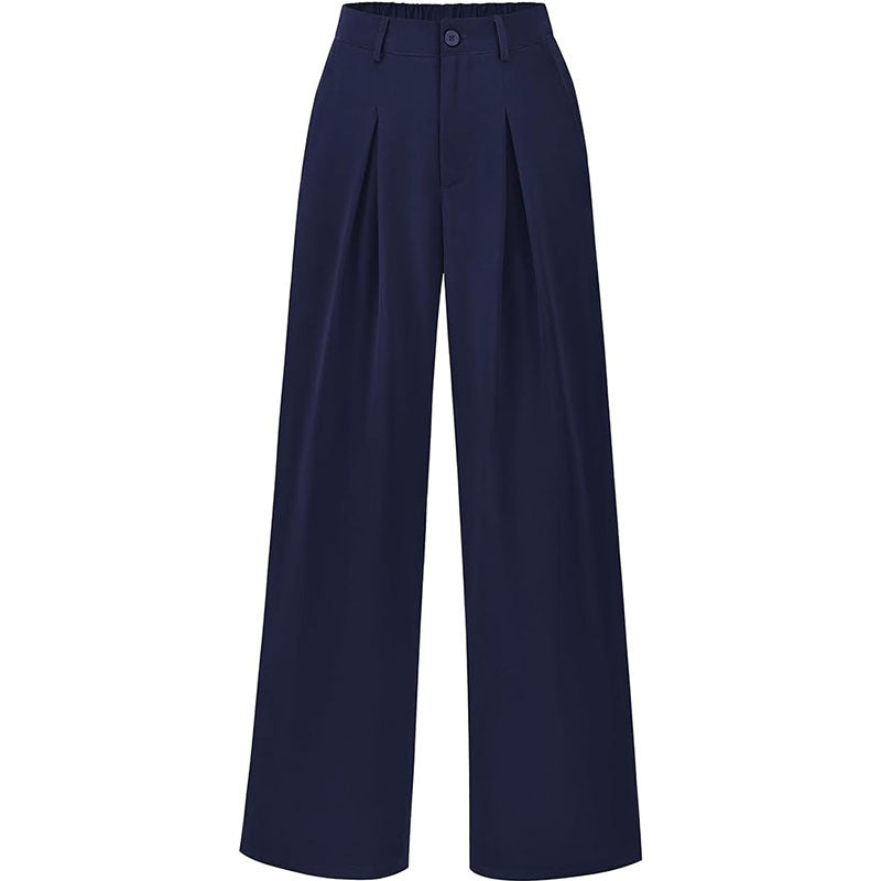 Fashionable women's trousers: pleated, high waist, wide leg silhouette.