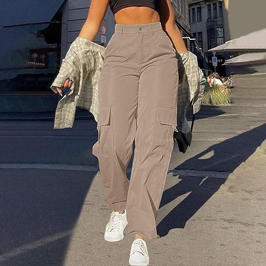High-waist women's relaxed fit cargo pants, multi-pocket design, comfortable for casual wear.