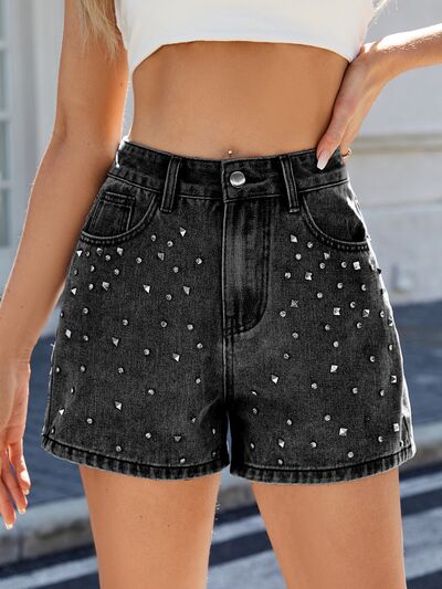 Women's high-waist rhinestone embellished shorts in chic summer style, perfect for trendy casual wear.