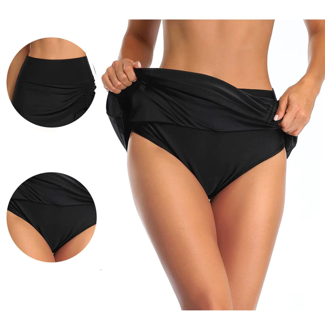 Elegant high-waist ruched swim skirt for women, providing fashionable and modest beachwear coverage.