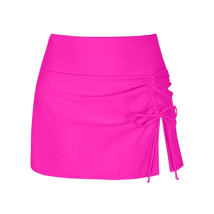 Comfortable women's high-waist swim skirt with elegant ruching, offering adjustable coverage for resort wear.