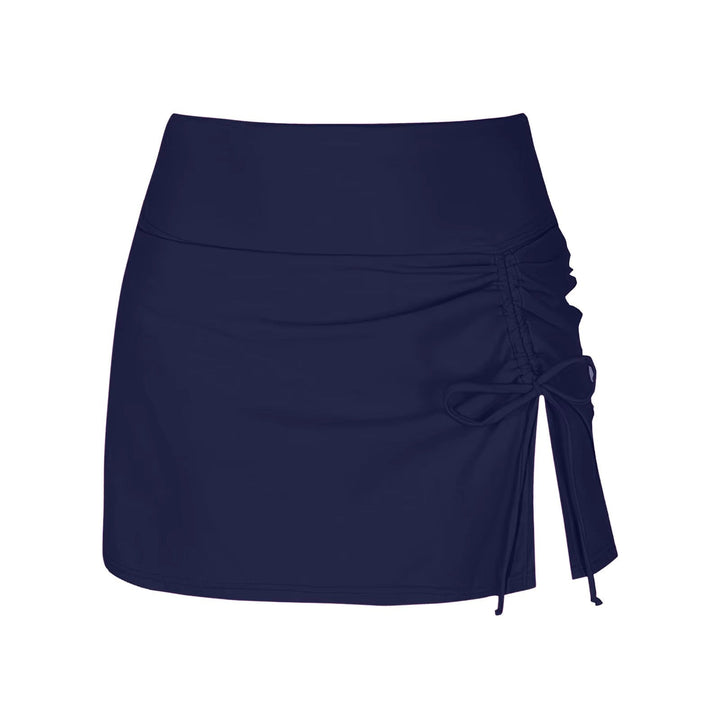 Side view of the women's high-waist ruched swim skirt, showcasing adjustable ties and flattering fit.