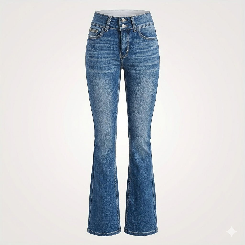 Elegant women's high-waist flare jeans in medium wash. Sculpted fit creates an elongating, long leg silhouette.