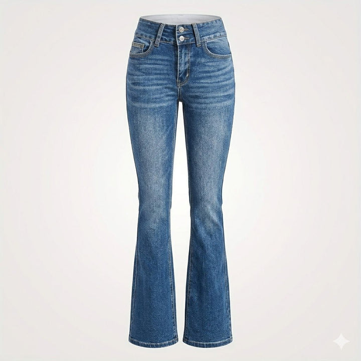 Elegant women's high-waist flare jeans in medium wash. Sculpted fit creates an elongating, long leg silhouette.